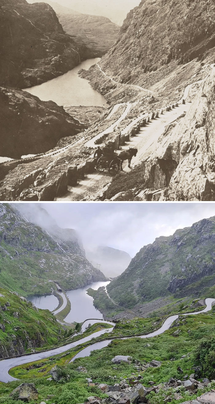 Then and now photos showing a mountain road’s transformation with modern paving and lush greenery over time.