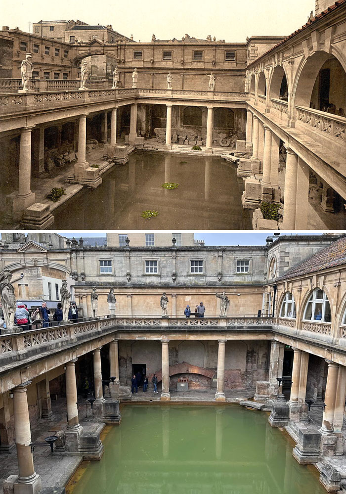 Ancient Roman bath shown in then and now photos highlighting how historic places have changed over time with restoration and visitors.