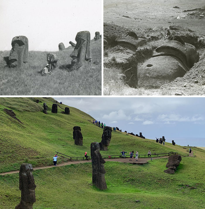 Easter Island statues in then and now photos showing how places have changed over time with tourism growth.