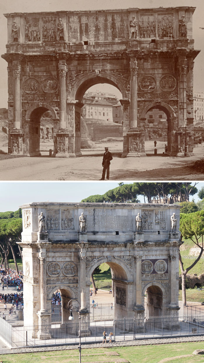 Then and now photos showing how places have changed over time with historical and modern views of an ancient Roman arch.