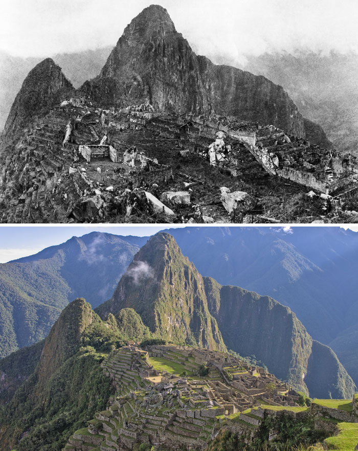 Then and now photos of Machu Picchu showcasing how places have changed over time with historical and modern views.