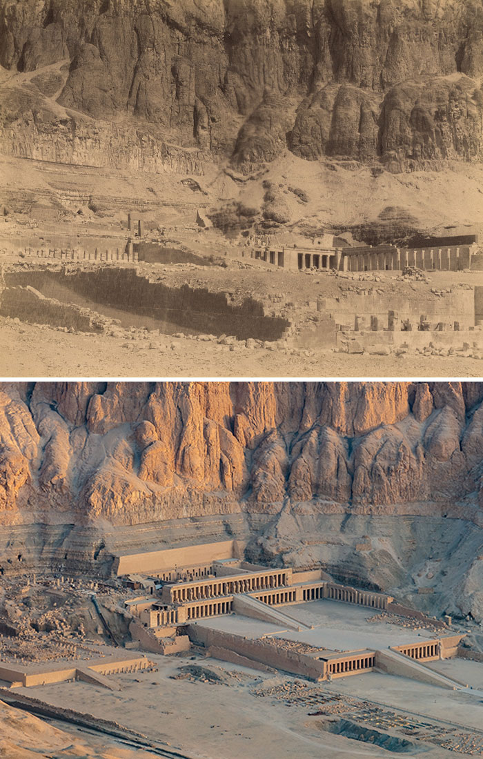 Then and now photos showing how an ancient temple complex carved into rocky cliffs has changed over time.