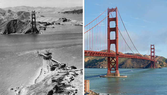 Golden Gate Bridge construction in black and white next to the completed bridge in color showing place changes over time.