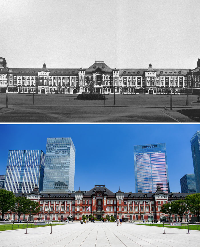 Then and now photos showing how the historic building and surrounding cityscape have changed over time.