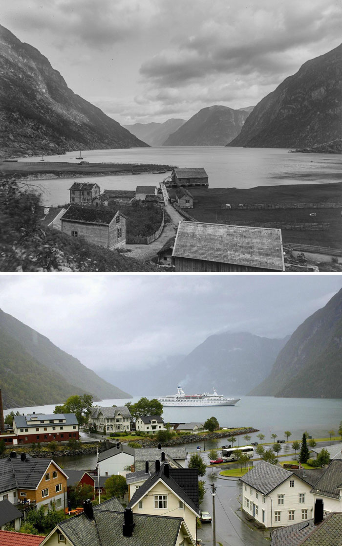 Then and now photos showing how a coastal village and fjord have changed over time with modern buildings and a cruise ship visible.