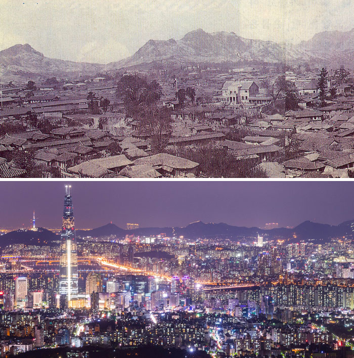 Then and now photos showing how the cityscape has dramatically changed over time with modern skyscrapers and lights.