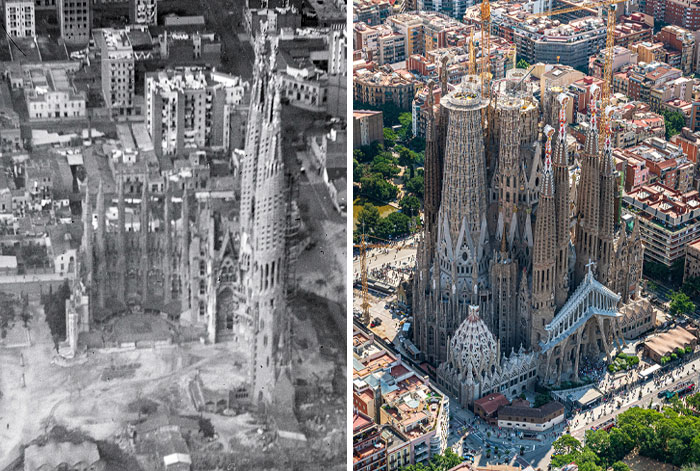 Then and now photos showing the transformation of the Sagrada Familia and surrounding cityscape over time.