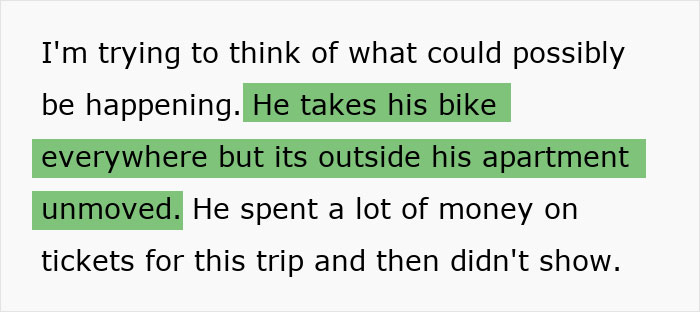 Text excerpt highlighting a boyfriend&rsquo;s unusual behavior before a planned vacation, hinting at his sudden disappearance.