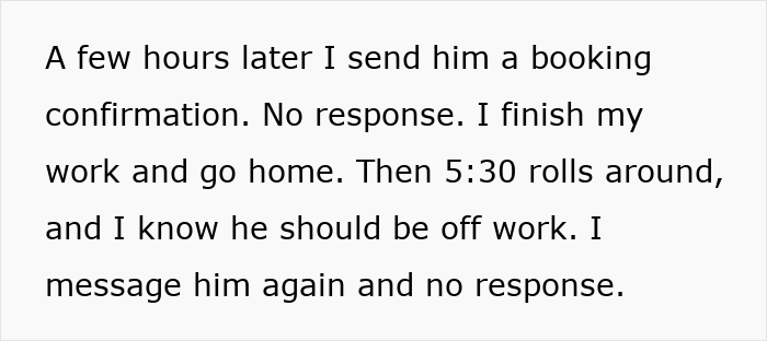 Text about woman planning a vacation with her boyfriend but getting no response the day before their flight.