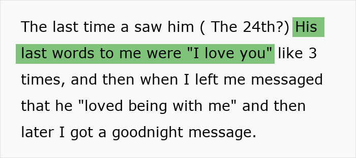 Text with highlighted phrase about last words from boyfriend before disappearing, reflecting woman planning vacation with boyfriend.