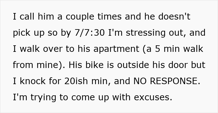 Text message describing a woman stressing out as her boyfriend disappears the day before their planned vacation flight.