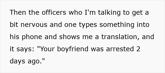 Screenshot of a text conversation with officers revealing the boyfriend was arrested two days before the planned vacation.