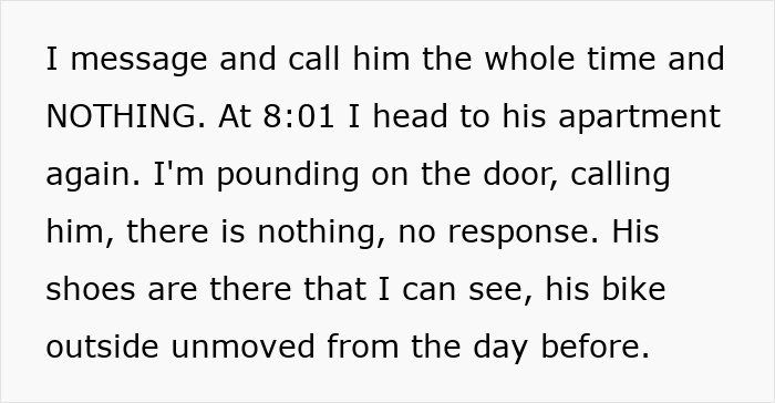 Text message showing a woman trying to contact her boyfriend who disappears the day before their planned vacation flight.