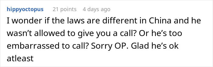 Comment discussing concerns about boyfriend's disappearance before vacation, expressing sympathy and relief he's okay.