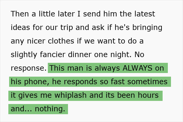 Text showing a woman&rsquo;s message about her boyfriend always responding fast on phone, but now no reply before vacation.