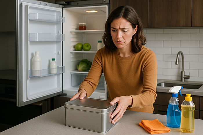 Woman in a kitchen looking worried as she holds a metal box of olives near cleaning supplies and an open fridge.