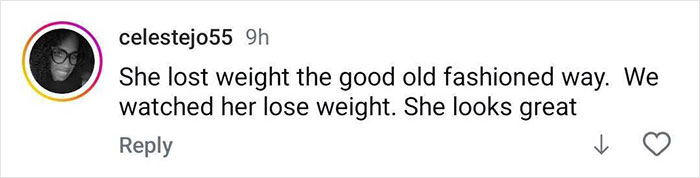 Comment praising Lizzo’s weight loss, highlighting her natural method and expressing admiration for her appearance after hitting weight loss goal. Comment praising Lizzo’s weight loss, highlighting her natural method and expressing admiration for her appearance after hitting weight loss goal.