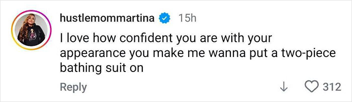 Comment from hustlemommartina praising Lizzo's confidence and inspiring to wear a two-piece bathing suit after weight loss goal. Comment from hustlemommartina praising Lizzo's confidence and inspiring to wear a two-piece bathing suit after weight loss goal.