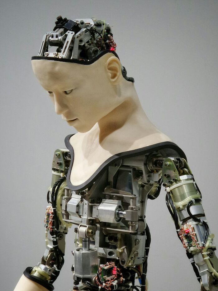 Humanoid robot with exposed mechanical parts and lifelike face symbolizing serotonin syndrome effects on the brain.