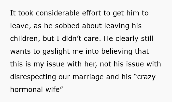Text describing a man gaslighting his pregnant wife by blaming her hormones and disrespecting their marriage before regretting the failed relationship.
