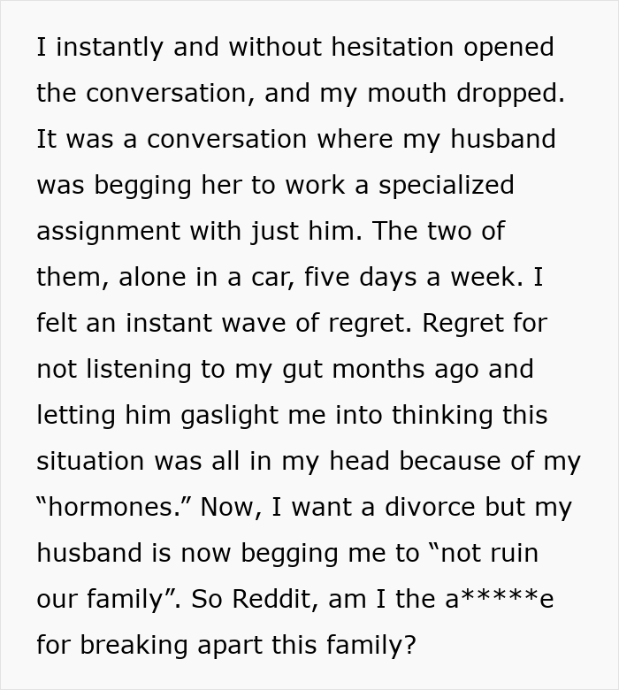 Text showing regret after a husband gaslights pregnant wife, leading to divorce and family breakup issues.