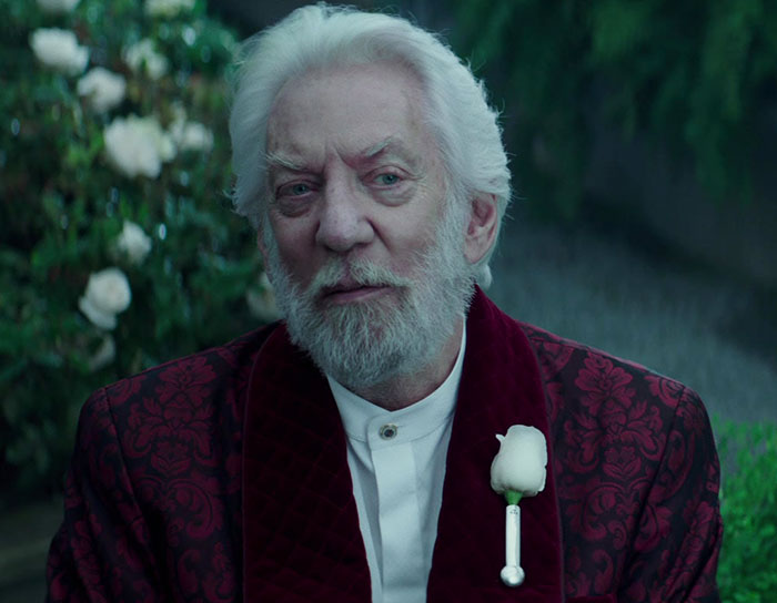 Elderly man with white hair and beard wearing a patterned jacket, representing Ralph Fiennes in a garden setting.