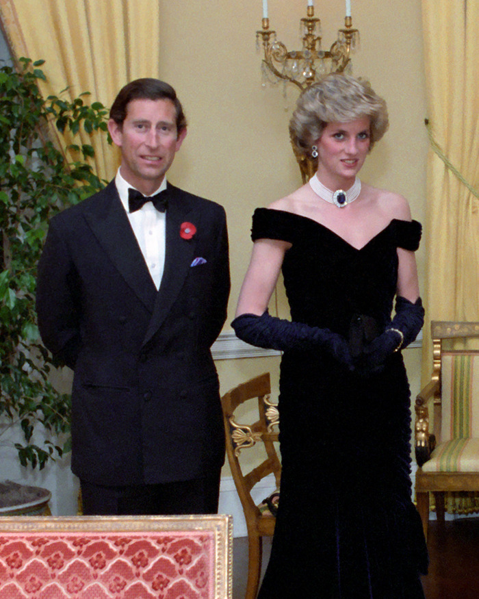 Prince Charles and Princess Diana standing together indoors, dressed formally in a classic royal setting.