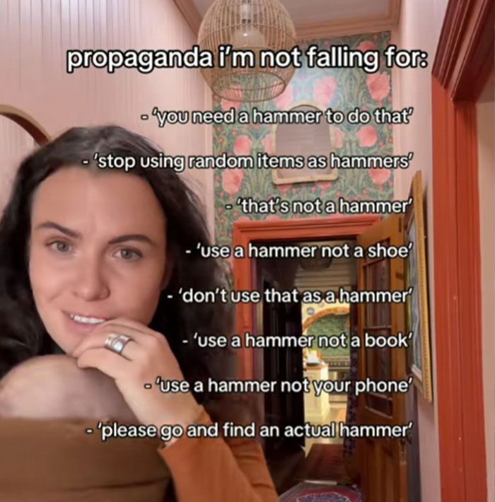 Woman smiling indoors with text about propaganda examples she refuses to fall for, including misuse of hammers phrases.