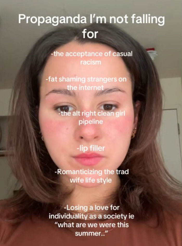Young woman listing types of propaganda she refuses to fall for including casual racism and fat shaming online.