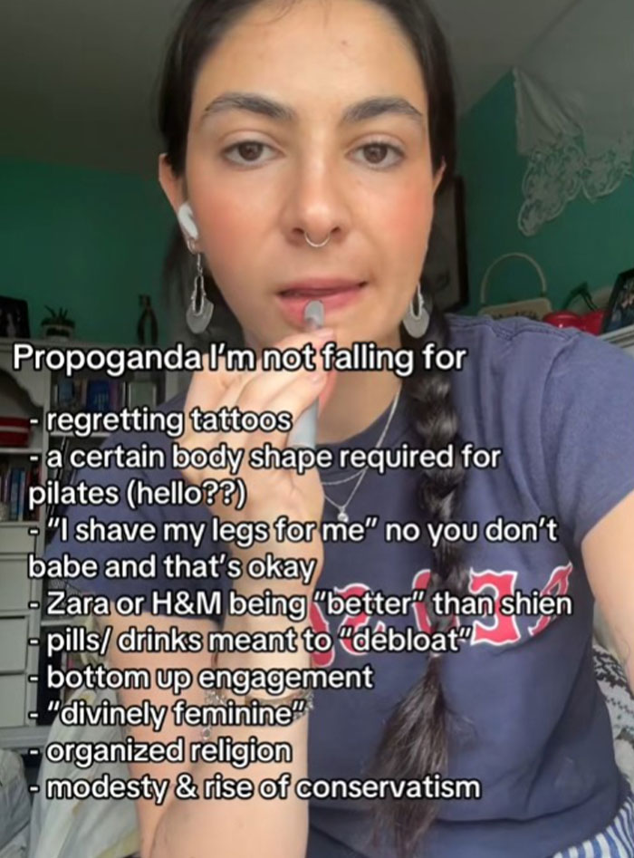 Young woman listing common propaganda ideas she refuses to fall for, discussing self-image and societal expectations.