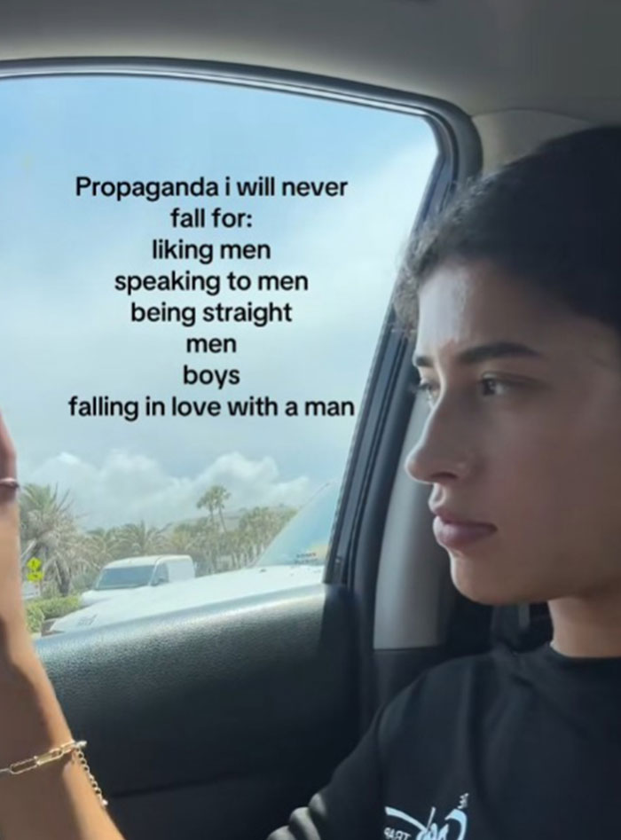 Young person sitting in a car looking out the window, with text about propaganda they refuse to fall for.
