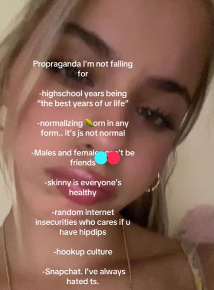 Young woman sharing common propaganda ideas she refuses to fall for, including hookup culture and normalized insecurities.