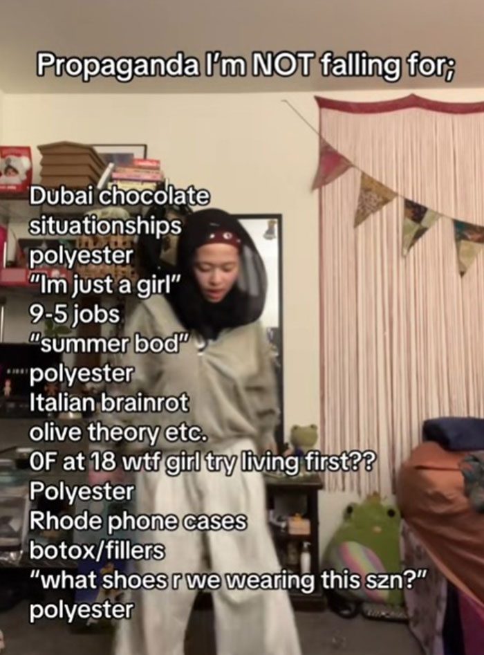 Person standing indoors with text overlay listing propaganda they refuse to fall for, highlighting common misconceptions and stereotypes.