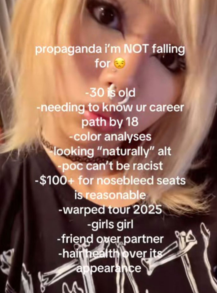 Person with blonde hair wearing a black shirt listing propaganda they refuse to fall for, focusing on common myths and beliefs.