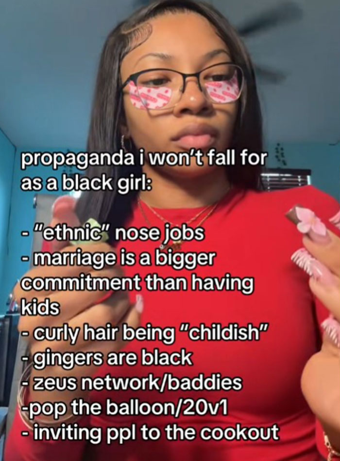 Young woman sharing propaganda she refuses to fall for, highlighting common misconceptions and social beliefs.