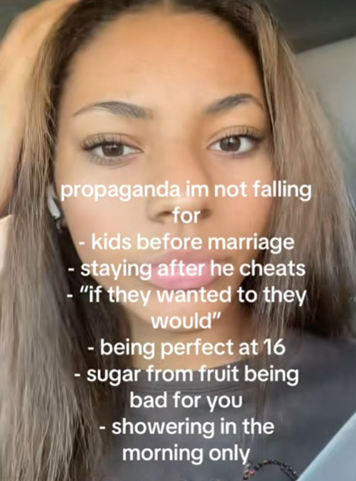 Close-up of a young woman with text overlay listing propaganda ideas she refuses to fall for in daily life.