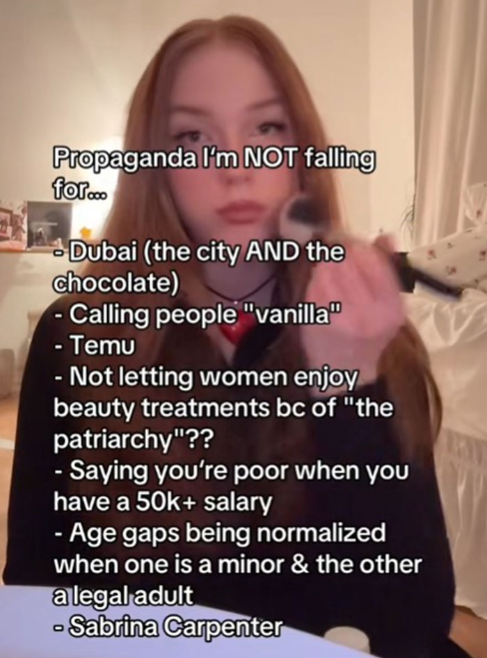 Young woman listing propaganda topics she refuses to fall for, highlighting common misconceptions and social issues.
