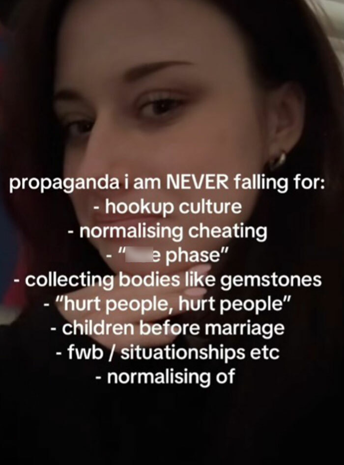 Young woman sharing a list of propaganda ideas she refuses to fall for, highlighting cultural and relationship topics.