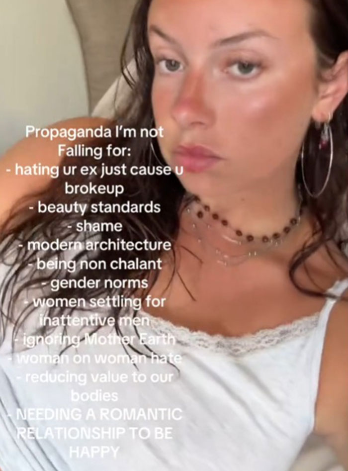 Young woman with text overlay listing propaganda she refuses to fall for, highlighting common societal issues and beauty standards.