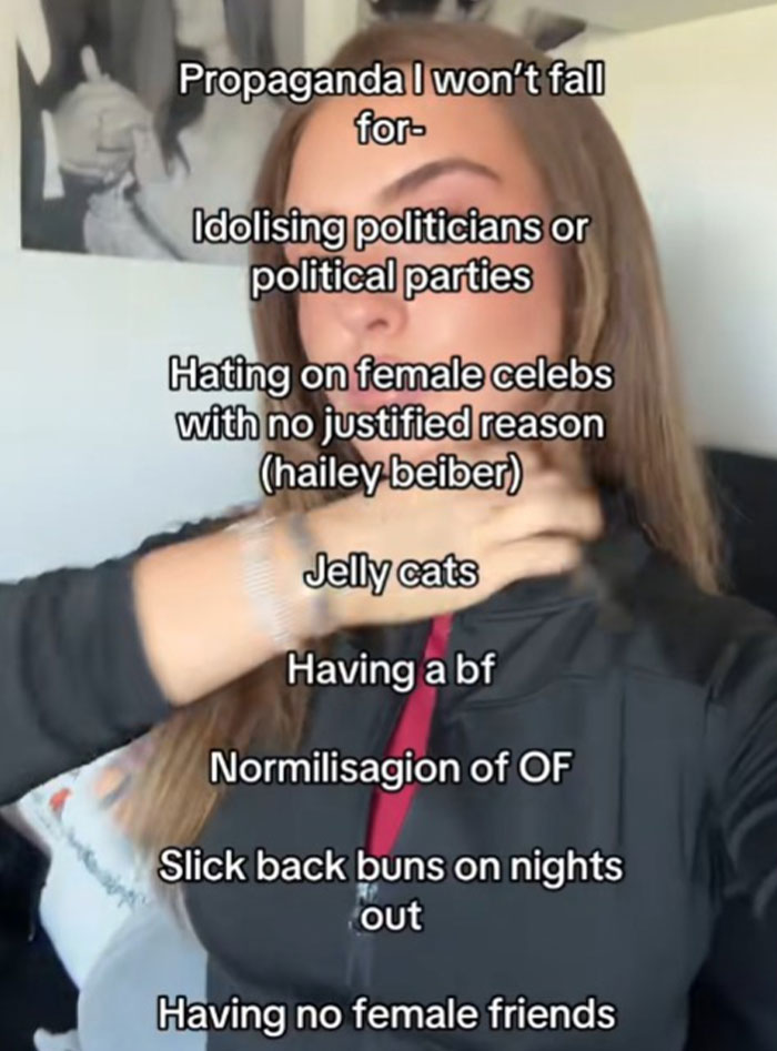 Young woman sharing examples of propaganda they refuse to fall for, including idolizing politicians and hating female celebs.