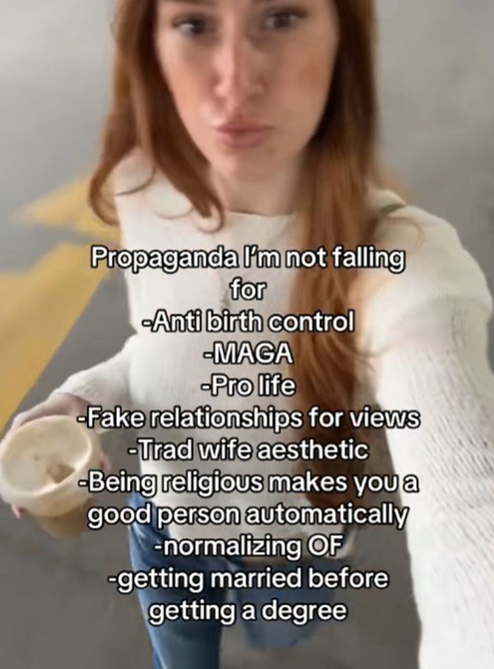 Young woman sharing common propaganda she refuses to fall for, including political views and social norms in a casual setting.