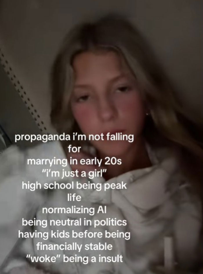 Young woman sharing propaganda ideas she refuses to fall for including early marriage and normalizing AI concepts.