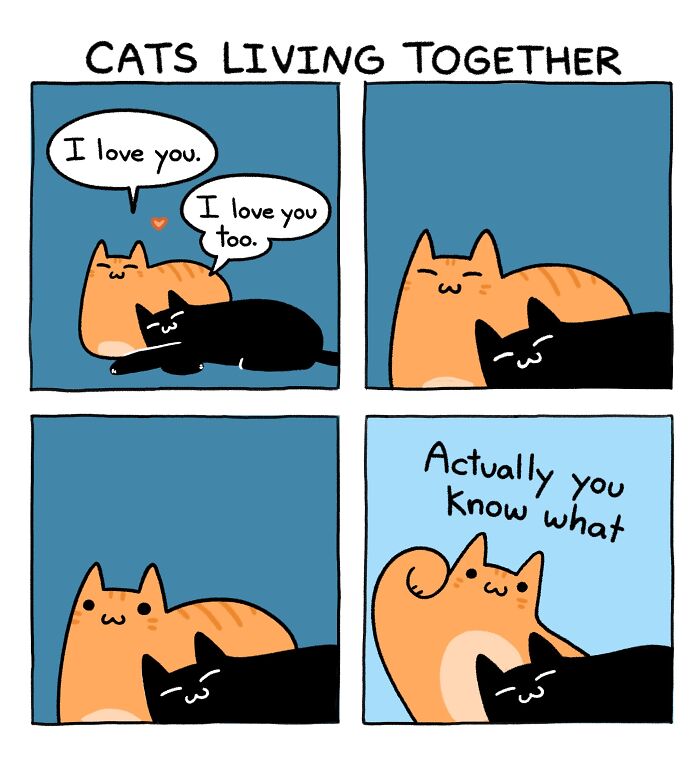 Cartoon cats living together, depicting relatable memes for days about avoiding responsibilities with humor.