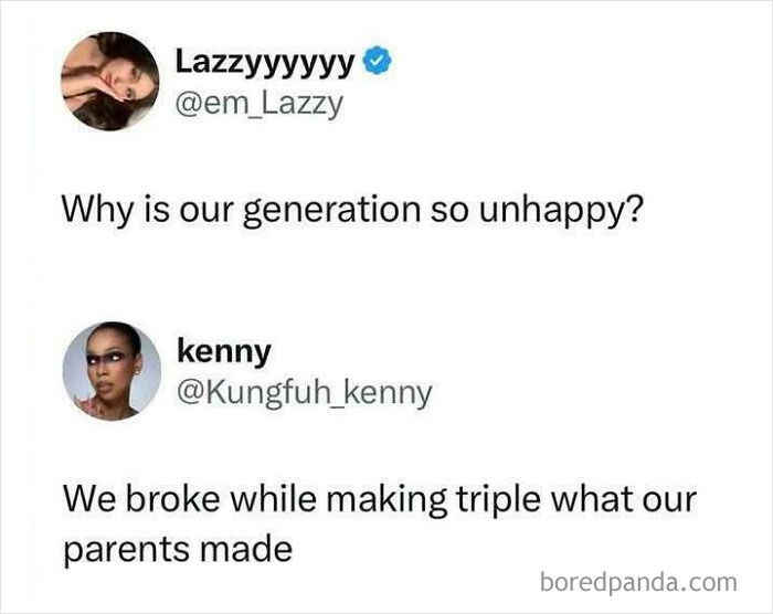 Gen-Z meme showing a conversation about why the generation feels unhappy despite higher earnings than parents.