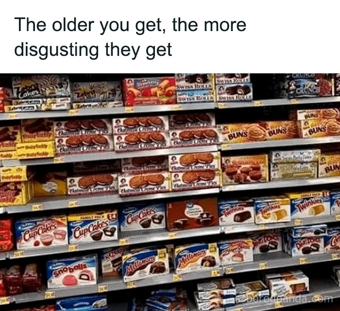 A grocery store shelf full of packaged snacks with a Gen-Z meme about aging and food preferences.