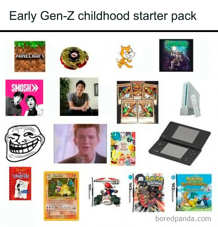 Early Gen-Z childhood starter pack featuring memes, gaming consoles, classic cards, and nostalgic pop culture icons for Random Gen-Z Memes.