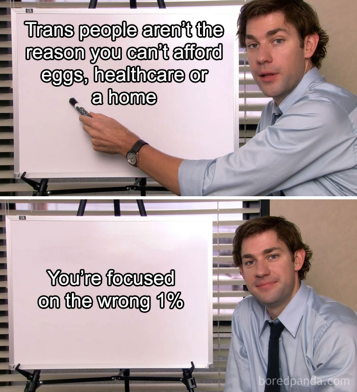 Man pointing to whiteboards with social commentary text about economic focus, illustrating a random Gen-Z memes concept.