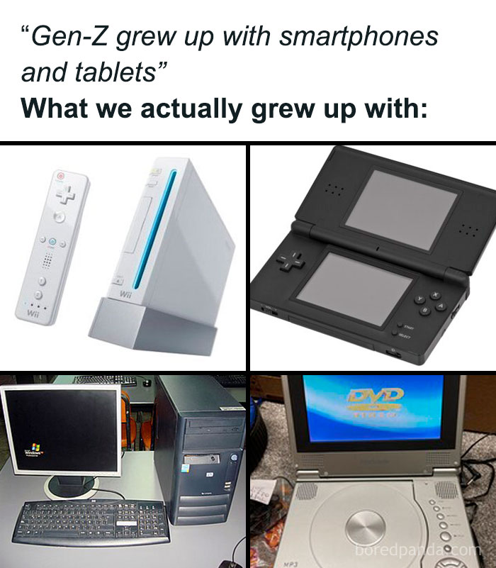 Collection of old gaming consoles, computer, and portable DVD player reflecting Random Gen-Z Memes nostalgia.