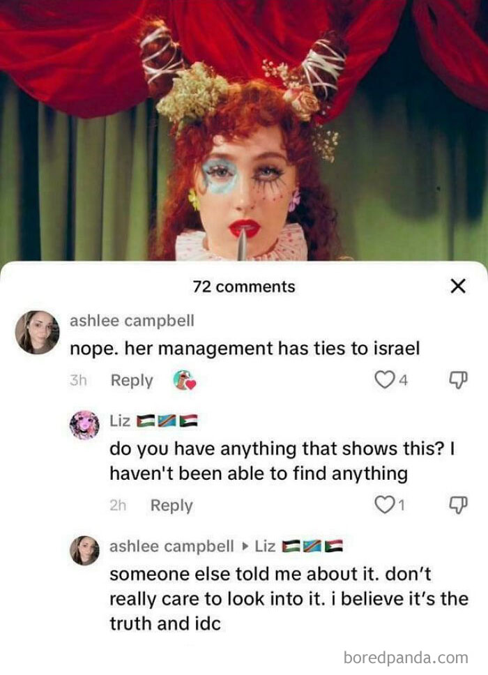 Person with artistic makeup and hair, above a social media comment thread showing a skeptical conversation, Gen-Z memes style.