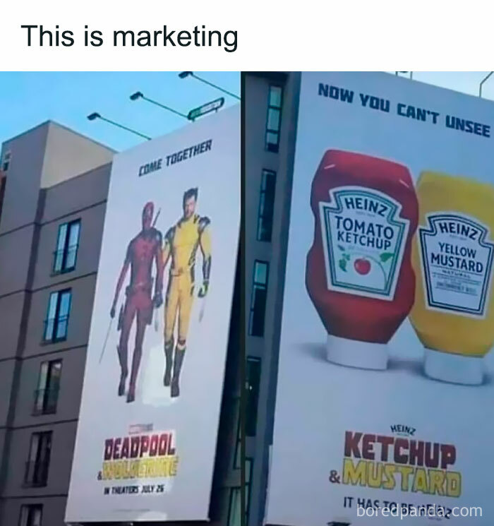 Billboards showing a funny marketing mashup of Deadpool and Ketchup with Mustard, highlighting humor in marketing posts.
